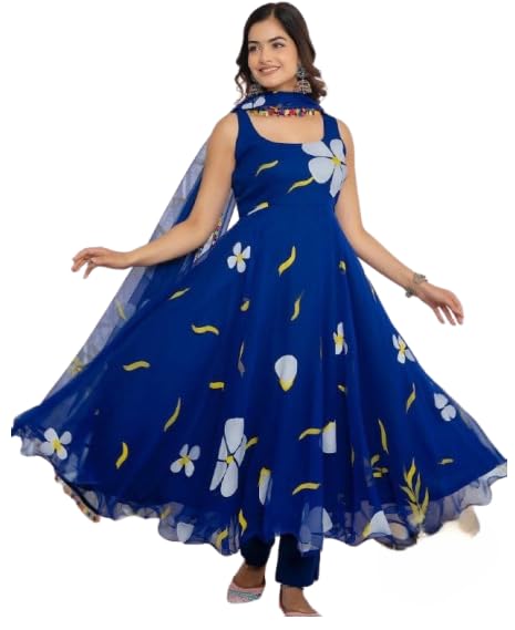 Women's Royal Blue Floral Print Anarkali Dress, Sleeveless Flared Maxi Gown, Frock with Net Fabric-picture-25