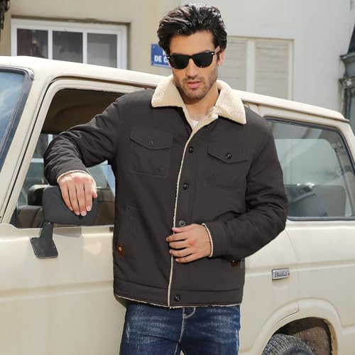 Image of Mens Winter Jacket Thick Thermal Cotton Warm Fleece Lined Sherpa Jacket Trucker Lapel Work Cargo Jackets Coat Outerwear