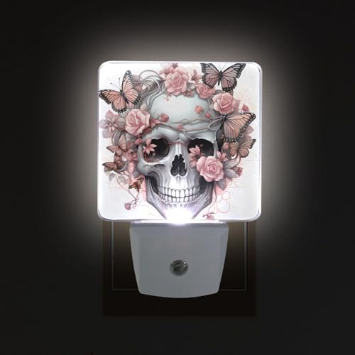 Image of Skull Rose Butterfly Night Lights 2 Pack Plug-in Wall Led Nightlight Auto Dusk-to-Dawn Sensor Lamps for Bedroom Kitchen Bathroom