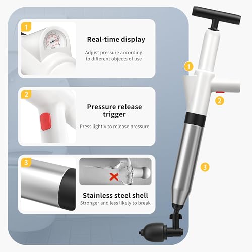 Image of Toilet Plunger, Drain Clog Remover, Plungers for Bathroom, High-Pressure Air Drain Blaster with Real-Time Barometer Powerful Heavy Duty Toilet Snake for Sink, Floor, Kitchen Clogged