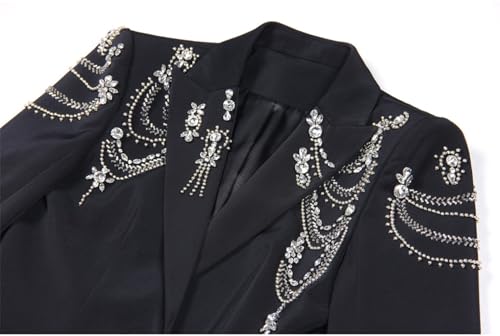 Women's Embroidered Diamonds Beaded Blazer Elegant Lapel Long Sleeve Waist Jacket Coat2