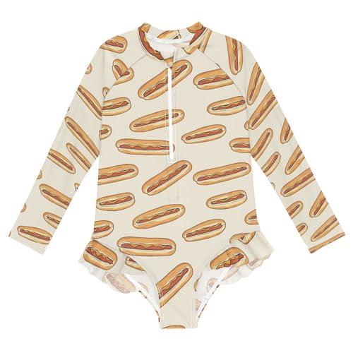 ALAZA Swimsuit for Girls Long Sleeve Rashguard Bathing Suit Hot Dog Cartoon Quick Dry 4T