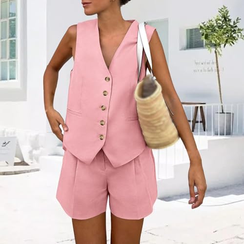 Womens Vest Sets 2 Piece Outfits Summer V Neck Button Down Sleeveless Blazer Wide Leg Shorts Outfit Casual Tracksuit2