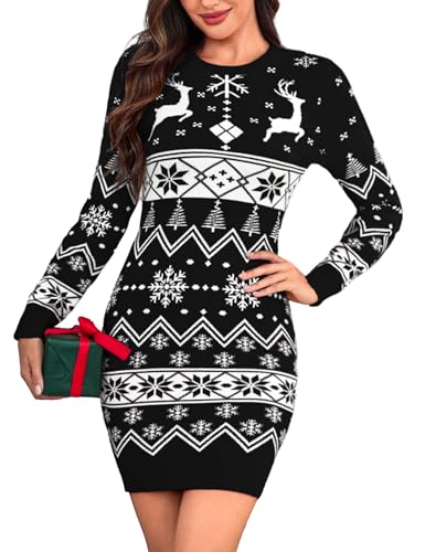 Aottori Damen Weihnachts Strickkleid Rundhals Weihnachtskleid Winter Warmes Pulloverkleid Weihnachten Langarm Elegant Weihnachtspullover Lang mit...