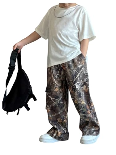Boy's Camo Cargo Pants Branch Print Flap Pockets Wide Leg Baggy Track Pants