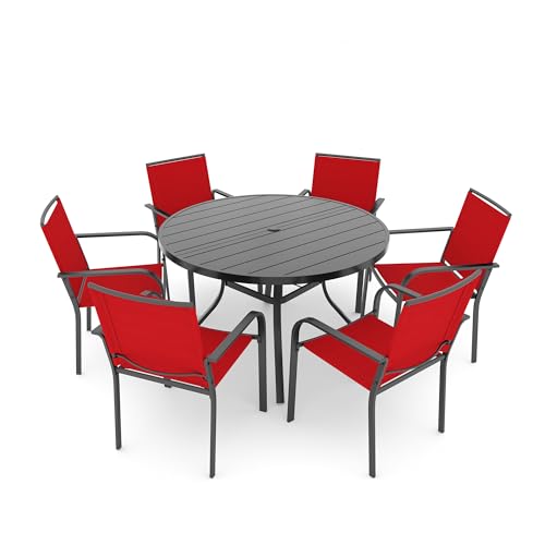 Image of Anmutig 7 Piece Patio Dining Set 48 Inch Round Table Stackable Chairs Red | Powder-Coated Steel Frame, Quick-Dry Textilene Mesh, Dual-Size Umbrella Hole, Weather Resistant, Patio, Garden, Backyard