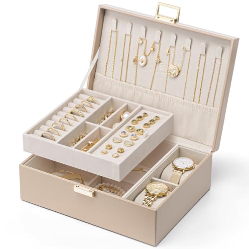 Vlando アクセサリーケース 2層 大容量 ジュエリーボックス 取り外し可能なジュエリートレー ネックレス ピアス 指輪 ブレスレット 女性 プレゼント 誕生日 ギフト (茶色-L)