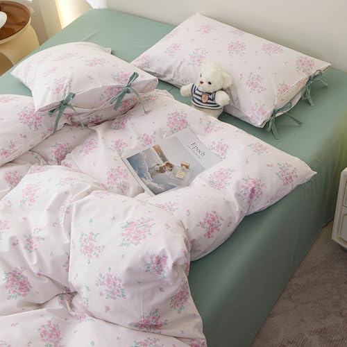 Image of LifeTB Aesthetic Floral Comforter Set Queen, 3 Pieces Pink White Cottagecore Comforter Floral Bedding Set, Lightweight Vintage Botanical Flowers Comforter with 2 Bow Ties Pillowcases for Girls Women