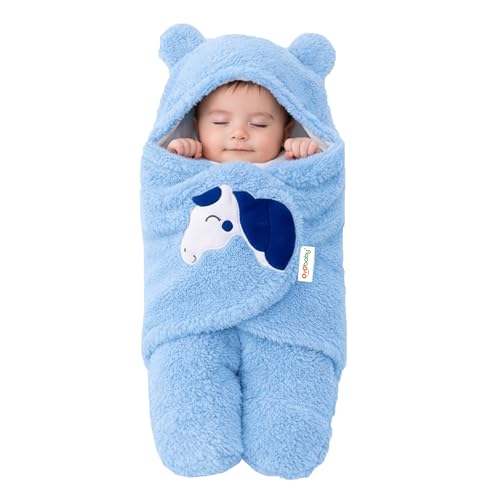 Image of OYO BABY Hooded Swaddle Blanket for Newborns | Super Soft Flannel Wearable Sleeping Bag Wrap | Warm, Cozy & Breathable | Easy Wrap Design | 0-6 Months (72x68 cm) | Unicorn Blue