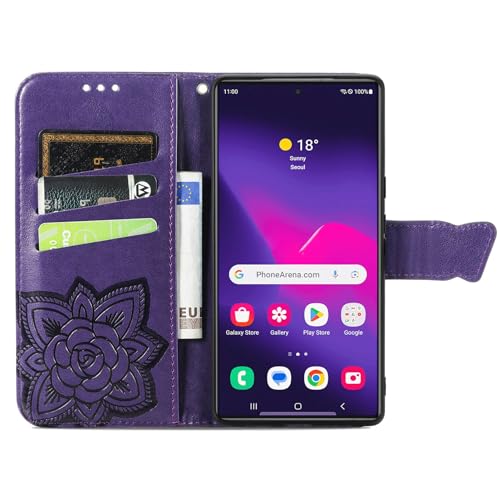Wallet Case for Samsung Galaxy S24 Ultra,Women Flip Folio PU Leather Protective Case Wrist Strap Card Slots Holder Purse Emboss Butterfly Flower Stand Flip Case for Samsung Galaxy S24 Ultra Purple by HAOTP - Image 5