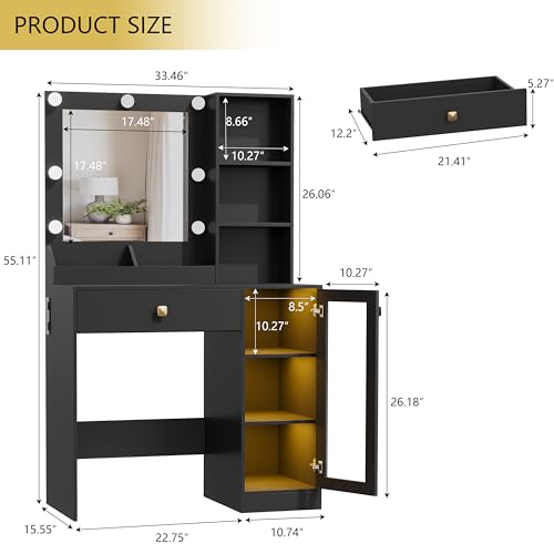 Image of Wodeer Small Makeup Vanity Desk with Mirror and Lights, Vanity with Glass Cabinet, LED Lights & Power Outlet, Drawer & RGB Glass Cabinets, Adjustable Lighted Dressing Table for Women & Girls Bedroom