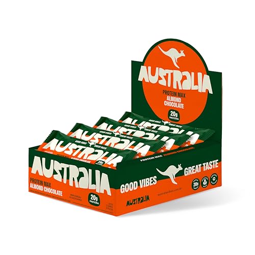Australia Protein Max Almond Chocolate 70g, Barra de Proteína, Sem Glúten, Lactose e Açúcar Adicionado, Snack Saudável Plant-Based (12 unidades)