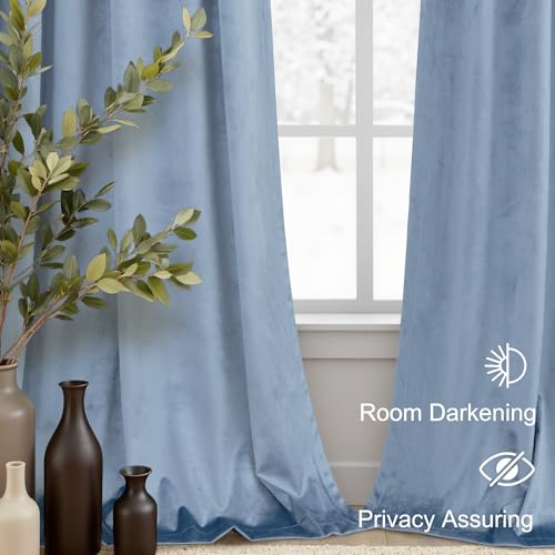 Image of Dusty Blue Velvet Curtains 108 Inches Long 2 Panels Set Light Blue Luxury Blackout Curtains for Bedroom Living Room Super Soft Thermal Insulated Grey Blue Window Drapes Back Tab Rod Pocket 108 Length