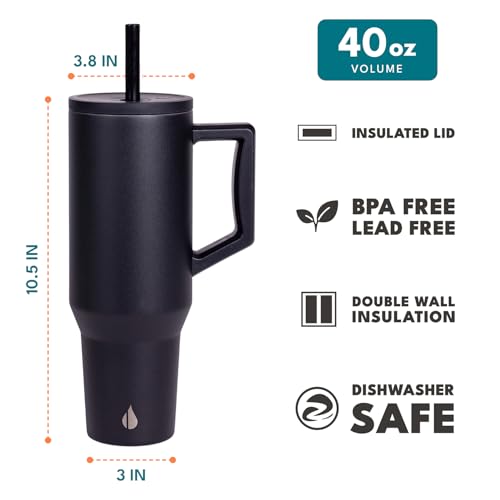 Image of Elemental Spill Proof 40oz Insulated Tumbler with Handle & Straw Travel Mug | Stainless Steel Commuter Travel Coffee Mug for Cold Beverages, Includes 2 Straws & a Spill Proof Lid for Everyday Use