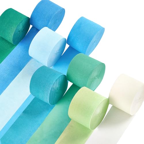 Image of PartyWoo Light Blue Crepe Paper Streamers 8pcs 656ft Pack of Slate Blue Beige White Green Crepe Paper Streamers for Birthday Gender Reveal Baby Shower Mermaid Under The Sea Party Decorations