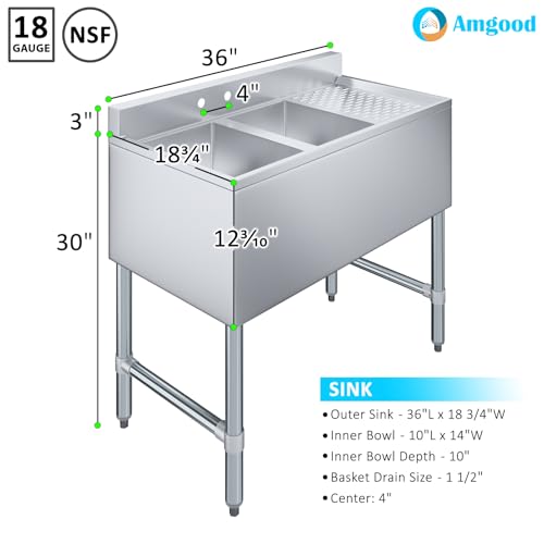 Image of AmGood 36 in. x 19 in. Two Compartment Under Bar Sink With 12 in. Right Drainboard | Stainless Steel Commercial Two Bowls Underbar Sink NSF.