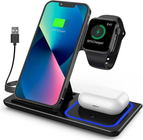 Wireless Charger, Foldable 3 in 1 Wireless Charger Stand for Apple Watch 9/8/7/6/SE/5/4/3/2, For Airpods Pro/3/2,Fast Wireless Charging Station for iPhone 16/15/14/13/12/11/XS/XR/X/8 (Black)