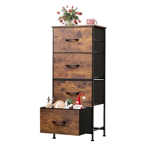 WLIVE Dresser with 4 Drawers, Fabric Storage Tower, Organizer Unit for Bedroom, Hallway, Entryway, Closets, Sturdy Steel Frame, Wood Top, Easy Pull Handle, Rustic Brown Wood Grain Print Cover