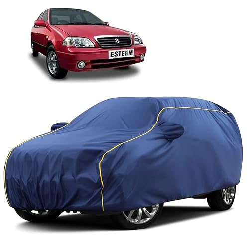 Image of Sulfar 100% Water Resistant Car Body Cover Compatible with Mirror for Maruti Suzuki Esteem (Triple Stitched, Full Bottom Elastic, Blue Taffeta with Yellow Piping)