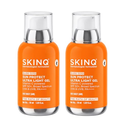 Image of SKINQ Sun Protect Ultra Light Gel Sunscreen SPF 50+ PA++++ with Vitamin C | In-Vivo Tested | Zero White Cast | Lightweight, Non-Greasy | For Dry & Sensitive Skin | Dermat Formulated | 50ml (Pack of 2)