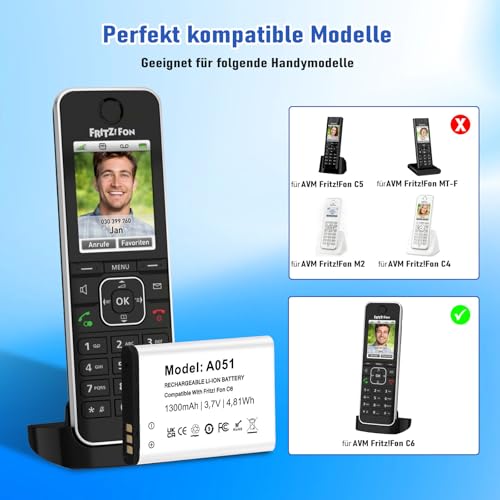 1Stück 2026 Aufgerüstet 1300 mAh A051 Akku -Bis 12 Stunden Gesprächsdauer, Kompatibel mit AVM Fritz!Fon C6 Telefon - Leistungsstark, Langlebig, Li-Ionen Batterie Ersatzakku