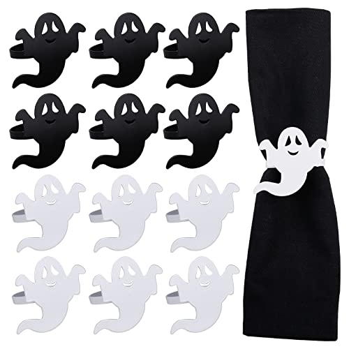 Ghost Napkin Rings Set of 12, White and Black Ghost Napkin Buckle for Halloween Holiday Birthday Party Decoration