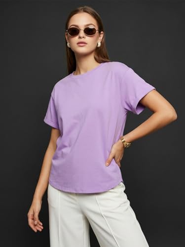 Image of JUNEBERRY Pure 100% Cotton Oversized Loose Fit Drop Shoulder Round Neck Boyfriend Fit Solid Half Sleeves T-Shirt for Women & Girls (Sizes: S to 2XL)