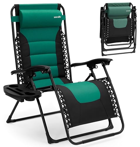 SereneLife Padded Zero Gravity Lounge Chair - Reclining Patio Chairs - Outdoor Lounge Chairs with Detachable Cup Holder Tray - Folding Recliner Chair with Removable Pillows - 1, Green and Black