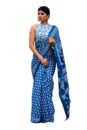JALTHER Handicrafts Women's Ikat Hand Block Print Jaipuri Cotton Mulmul Saree with Blouse Piece