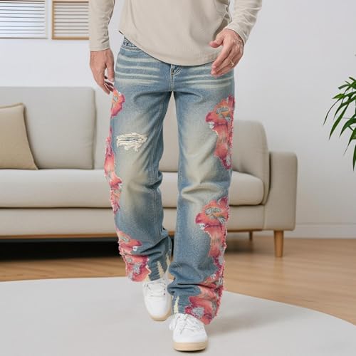 Mens Trendy Washed Denim Trousers Mid-Rise Contrast Color Regular Fit Casual Jean Pants with Pockets Streetwear4