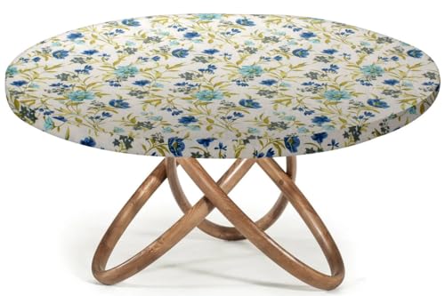 Image of The Furnishing Tree Elastic Cotton Round Dining Table Cover 40x40 in Inches Floral Blue Leaf on offwhite Base