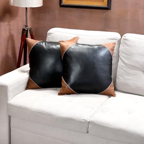 TOMJACK Lambskin Leather Pillow Cover - Decorative Sofa Cushion Case - Throw Covers for Living Room & Bedroom, 20" x 20" - Two Toned Black and Brown Pack of 2