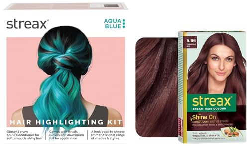 Streax Permanent Hair Colour, 100% Grey coverage, Infused with Argan and Walnut Oil Hair Colour Highlight Kit | Blue Hair Colour, Aqua Blue – Pack of 1
