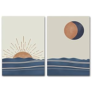 Abstracte Boho Posters en Prints Muurkunst Blauwe Zee Zon Maan Foto’s Muur Decor Badkamer Schilderijen Kantoor Kunstwerk…