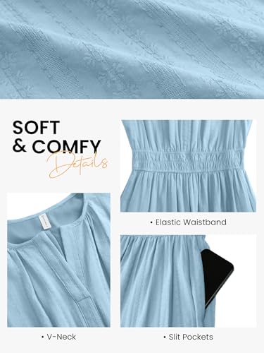 Funlingo Midi Dresses for Women Casual Summer Elastic Waist Maxi A Line Dresses Comfortable Cotton Flowy Boho Wedding Dress for Travel Graduation Church Holidays Light Blue L