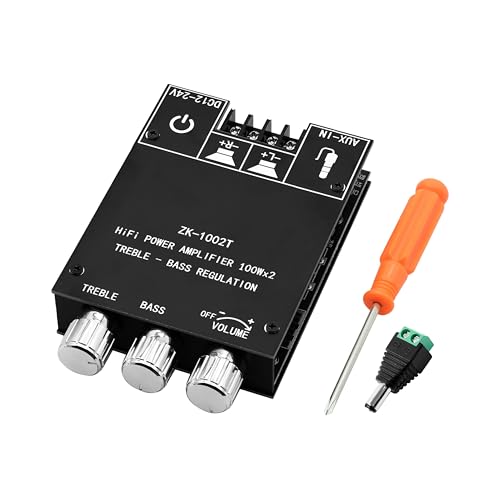 ZK-1002T 100W+100W Bluetooth Amplifier Board with Treble and Bass Control 2.0 Channel Stereo Audio Mini Power Amplifier Board TPA3116D2 Chip DC 9-24V BT and AUX Inputs for DIY Wireless Speakers