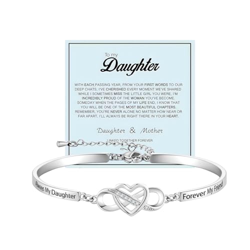 To My Daughter-Infinity Forever Love Heart Bracelet, Always My Daughter Forever My Friend Stainless Steel Engraved Bangle Bracelets From Mom Cubic Zirconia Adjustable Inspirational Gift Jewelry