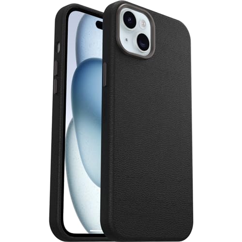 Image of OtterBox iPhone 15 Plus Symmetry Series Cactus Leather for MagSafe - Noir ASH (Black), Snaps to MagSafe, Ultra-Sleek, Raised Edges Protect Camera & Screen