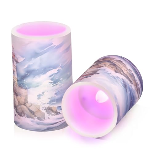 Image of Flickering Flameless Candles, Lighthouse Ocean LED Candles with Remote Timer, Set of 2 Battery Operated Candle for Valentine Wedding Birthday