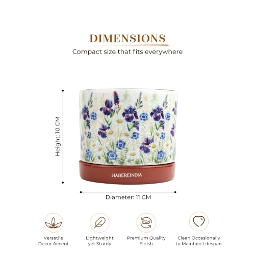 Image of Habere India-All the Cultures Fabricating India Floral Print Terracotta Planter with Under Plate | Indoor Plant Pot with Drainage | Decorative Planter for Home (Floral: L11 x W11 x H10 cm)