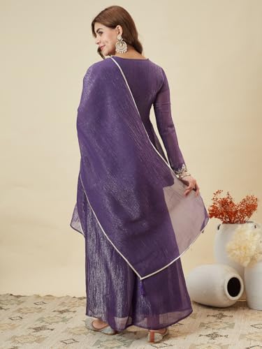 Image of MOKOSH Women's Silk Embroidered Peplum Kurta Sharara with Dupatta | Kurta Set | Ethnic Wear |Round Neck Full Sleeve Kurta | 3 Piece Outfit |Embroidered