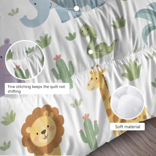 Image of Wild Animal Comforter Set Full Cartoon Animal Quilt Set for Boys | Cartoon Lion Elephant Giraffe Bedding Set, 3 Pcs Kids Girls Boys Jungle Comforter Set, Lightweight, Machine Washable
