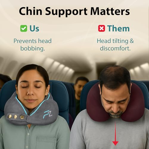 FLOWZOOM Comfy Memory Foam Travel Pillow for Airplane & Car – Adjustable Neck Cushion with 360° Support, Soft, Washable Plush Cover and Compact Mesh Bag - Grey