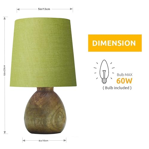 Image of Wooden Bedside Table Lamp with Fabric Shade, Warm Ambient Light, Handmade Mango Wood Base, Rustic Farmhouse Design, Cute Dowel Green, 15 x 15 x 25 cm