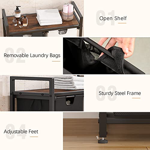 Aowos Laundry Basket, 112L Large Double Laundry Hamper, Freestanding Laundry Sorter Organizer 2 Section With Top Shelf & 2 Removable Washable Bags & Side Pockets For Dorm, Rustic Brown And Black #TOP5
