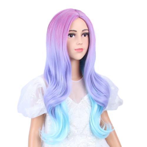 Image of Rainbow Wig for Kids Long Colorful Middle Part Wig for Girls Multi-color Wavy Curly Wigs for Children Purple Pink Wigs Heat Resistant Synthetic Hair with Cap