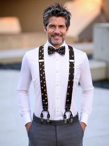 Image of Hi-Tie Mens Suspender Black Orange Geometric Bowtie Adjustable Y-Shape 6 Clips Trouser Braces Pre-Tied Bow Tie with Handkerchief Cufflinks