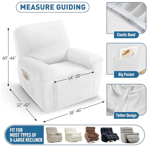Image of ZNSAYOTX 2026 Velvet Oversized Recliner Cover 3-Piece, Luxury Plush Recliner Chair Covers with Elastic Band & Ties Stay in Place, Stretch Reclining Slipcover for Lazy Boy Soft Washable (White)