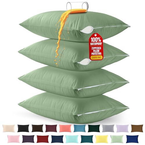 Image of Utopia Bedding Premium 100% Waterproof Pillow Protectors with Zipper King Size (Set of 4), Bed Bug and Dust Mite Proof Zippered Pillow Covers, Pillow Encasement Cases, Sage