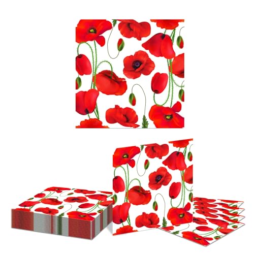 Kotkiddy 20 pièces Serviettes en Papier Motif Coquelicot Rouge, Serviettes jetables décoratives pour Printemps été Automne